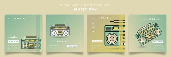 Set of social media post template for world music day with radio tape design vector