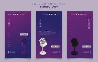 conjunto de plantilla de publicación en medios sociales en fondo de retrato para el día mundial de la música con diseño de micrófono vector