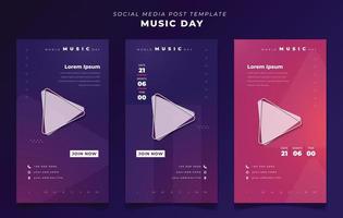 Set of social media post template with purple gradient design for music day in portrait background