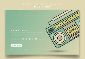 plantilla de banner web con diseño de cinta de radio para el diseño del día mundial de la música en fondo verde vector