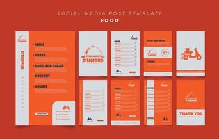 diseño de plantilla de redes sociales naranja con menú de alimentos. diseño de plantilla de restaurante en colores naranjas. vector