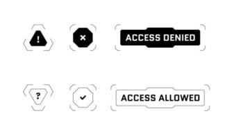 acceso a la interfaz de usuario futurista digital hud permitido y conjunto de botones denegados. signos de interrogación y exclamación de alta tecnología de ciencia ficción. permiso de seguridad del menú de juegos y elementos de diseño de eps infográficos de denegación vector