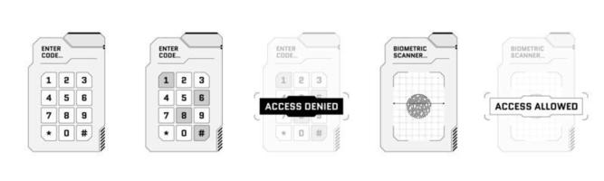 HUD digital futuristic user interface PIN code entry panel set. Sci Fi high tech protection screens. Gaming menu finger scan and number touching dashboard. Cyber space keypad and biometric id. Vector