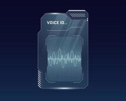 HUD digital futuristic user interface voice recognition panel. Sci Fi high tech access protection glowing screen. Gaming menu biometric id audio dashboard. Cyberspace speaker identification. Vector