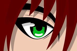 Anime pretty girl face with green eye and red hair. Manga hero art background concept. Vector cartoon look eps illustration