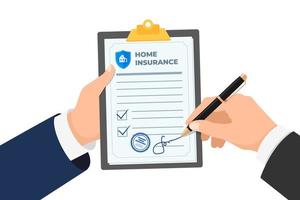 Businessman signing home insurance policy. House protection agreement contract document signature. Property injury risk law legal preparedness. Claim form vector isolated eps illustration