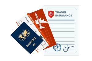 Travel insurance policy advertising concept. Safe plane trip and signed contract protection life and property. Safety journey aircraft document with tourist passport and flight ticket. Vector eps