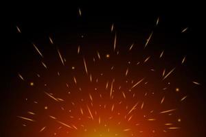 chispas ardientes en el aire durante la noche oscura. partículas brillantes voladoras del fuego. efecto de luces de llama sobre fondo negro vector eps ilustración