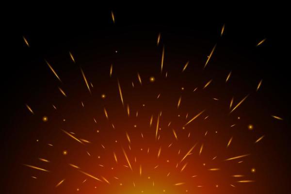 Fiery sparks on air over dark night. Flying glowing particles from fire. Flame lights effect on black background vector eps illustration