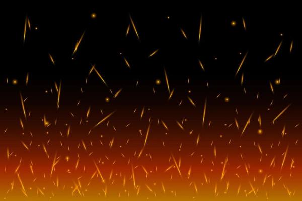 Fiery sparks on air over dark night. Flying glowing particles from fire. Flame lights effect on black background from bottom side vector eps illustration