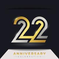 22 Year Anniversary Celebration with Linked Multiple Line Golden and Silver Color for Celebration Event, Wedding, Greeting card, and Invitation Isolated on Dark Background vector