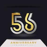 56 Year Anniversary Celebration with Linked Multiple Line Golden and Silver Color for Celebration Event, Wedding, Greeting card, and Invitation Isolated on Dark Background vector