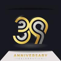 39 Year Anniversary Celebration with Linked Multiple Line Golden and Silver Color for Celebration Event, Wedding, Greeting card, and Invitation Isolated on Dark Background