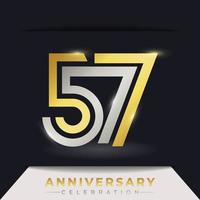 Celebración del aniversario de 57 años con varias líneas vinculadas de color dorado y plateado para eventos de celebración, bodas, tarjetas de felicitación e invitaciones aisladas en un fondo oscuro vector