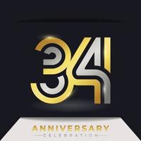 34 Year Anniversary Celebration with Linked Multiple Line Golden and Silver Color for Celebration Event, Wedding, Greeting card, and Invitation Isolated on Dark Background vector