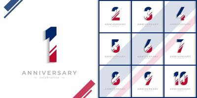 Set of Years Anniversary Celebration with White Slash in Red and Blue American Flag Color. Happy Anniversary Greeting Celebrates Event Isolated on White Background
