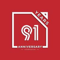 91 Year Anniversary Celebration Logotype Style Design with Linked Number in Square Isolated on Red Background. Happy Anniversary Greeting Celebrates Event Design Illustration vector