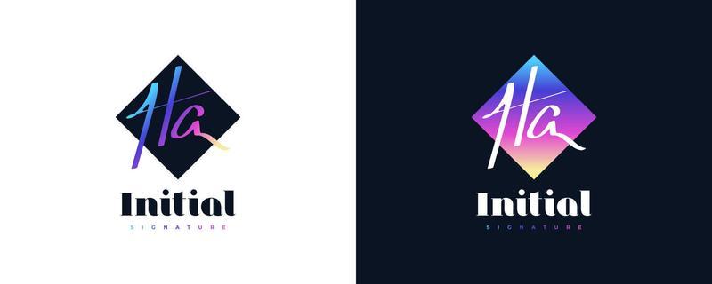 Initial H and A Logo Design with Minimalist Handwriting Style and Colorful Gradient. HA Signature Logo for Business Identity