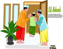 ilustración vectorial de personas que se visitan en casa para bendecir a eid mubarak vector