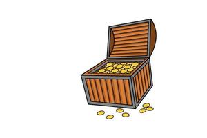 Cartoon illustration of gold coins in treasure chest on white background isolated