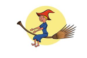 Halloween illustration with witch cartoon character sitting broom on white background isolated