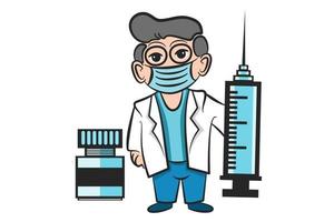 Cartoon illustration of a masked doctor holding a syringe with a bottle of vaccine, coronavirus, covid 19