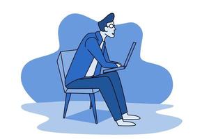 Cartoon character illustration of an office worker sitting in a chair holding a computer working vector