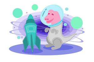 Pink dinosaur in astronaut suit with rocket back constellations on white background vector