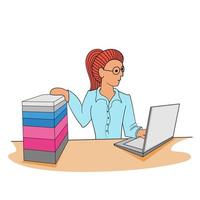 Cartoon illustration of business woman working documents with computer on white isolated background vector