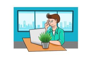 Cartoon business man sitting in the room working in front of a computer screen, working from home, studying online, social media vector