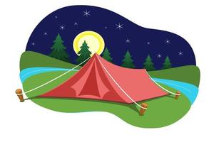 ilustración paisajística de una carpa en el bosque en medio de la luna y las constelaciones vector