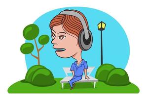 hombre de negocios relajándose en el parque escuchando música a través de auriculares inalámbricos vector