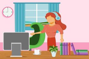 mujer en la oficina usando auriculares frente a la pantalla de la computadora con taza de café y maceta, trabajando en casa vector