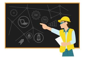 Cartoon businessman in protective clothing pointing to blackboard with work drawing network symbols work style vector