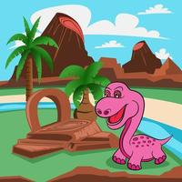 dinosaurio rosa de dibujos animados en la naturaleza montañas árboles y ríos fondo