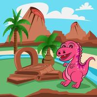 dinosaurio rosa de dibujos animados en la naturaleza montañas árboles y ríos fondo vector