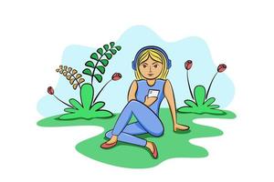 Cartoon character golden haired woman sitting on the garden lawn on the phone vector