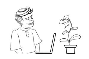 Vector illustration Drawing people in front of a computer screen with a plant pot