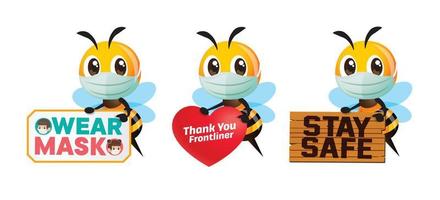 Set of cartoon cute bee wearing face mask holding different public awareness signage to prevent against coronavirus. Fight global pandemic outbreak