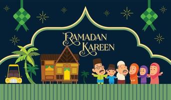 Eid al fitr Ramadan Kareem celebration. Flat cartoon muslim family in traditional village house with islamic decorative pattern illustration vector