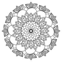 mandala floral y frondoso con una flor en el centro y racimos de hojas, patrón circular simétrico de elementos naturales, página de coloración zen para niños y adultos vector