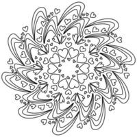 Mandala with hearts and waves, contour drawing with doodle patterns, zen antistress coloring page vector