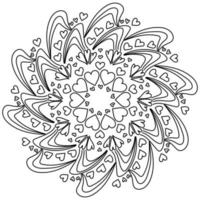 Mandala with hearts and waves, contour drawing with doodle patterns, zen antistress coloring page vector