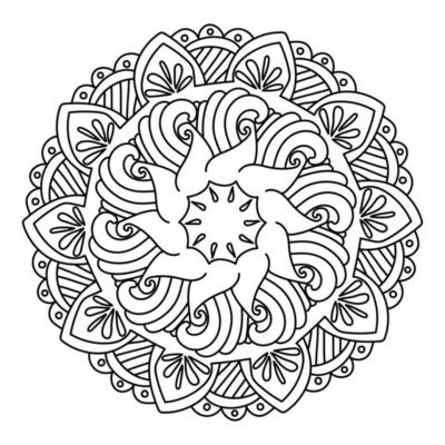 Contour mandala with waves, curls and stripes, round ornate pattern of simple lines
