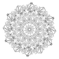 Antistress mandala with floral elements, splash petals and curls, round decorative details arranged in a circle, coloring page vector