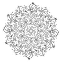 mandala antiestrés con elementos florales, pétalos salpicados y rizos, detalles decorativos redondos dispuestos en círculo, página de color vector