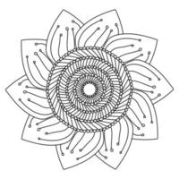 Coloring page with stylized sunflower, contour mandala with symmetrical stripes and floral element vector