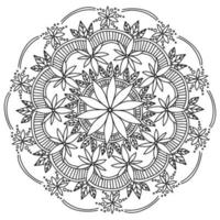 Contour mandala with doodle flowers and bunches of leaves, antistress coloring page with plant elements and shading vector