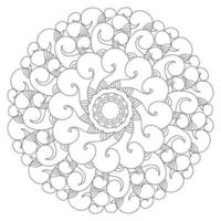 Mandala coloring page with curls and symmetrical arcs, waves and bends in a circular abstract pattern vector