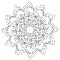 Mandala with curls and bunches of leaves, double circular pattern with repeating elements, coloring page with zen outline drawing vector